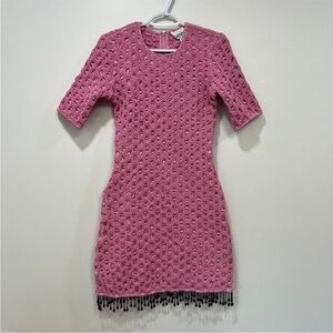 Ganni Pink Textured Knit Mini Dress with Beaded Fringe size 34